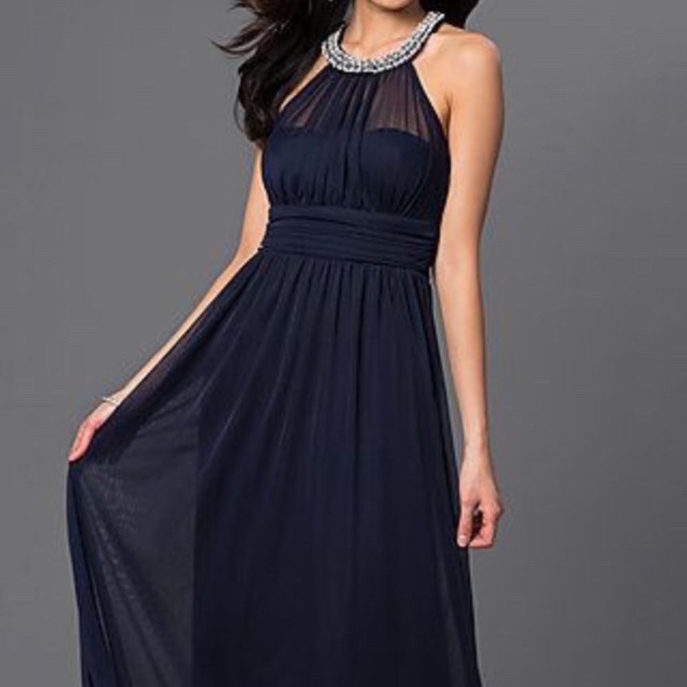Midnight blue floor length prom dress